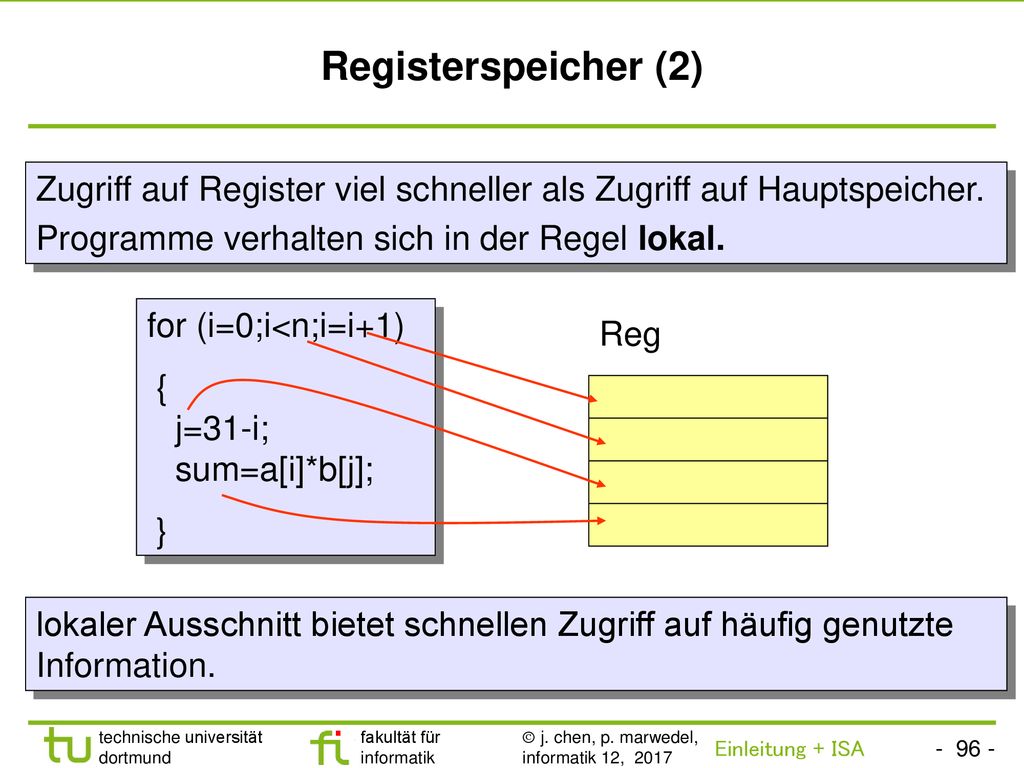 Registerspeicher (2) Zugriff auf Register viel schneller als Zugriff auf Hauptspeicher. Programme verhalten sich in der Regel lokal.