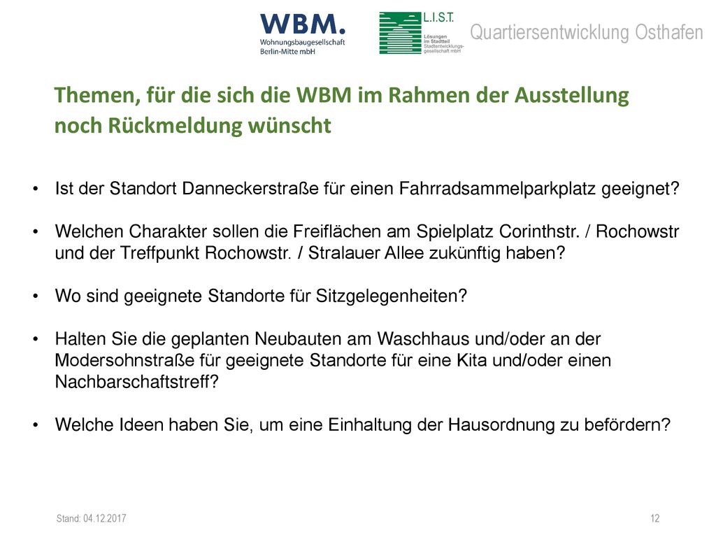 Themen, für die sich die WBM im Rahmen der Ausstellung noch Rückmeldung wünscht