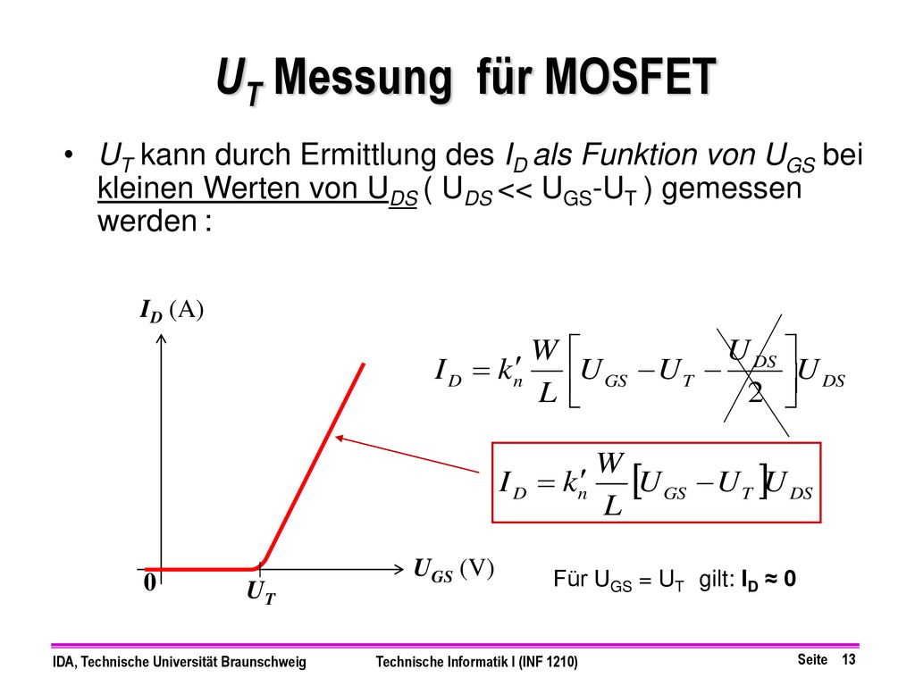 UT Messung für MOSFET UT kann durch Ermittlung des ID als Funktion von UGS bei kleinen Werten von UDS ( UDS << UGS-UT ) gemessen werden :
