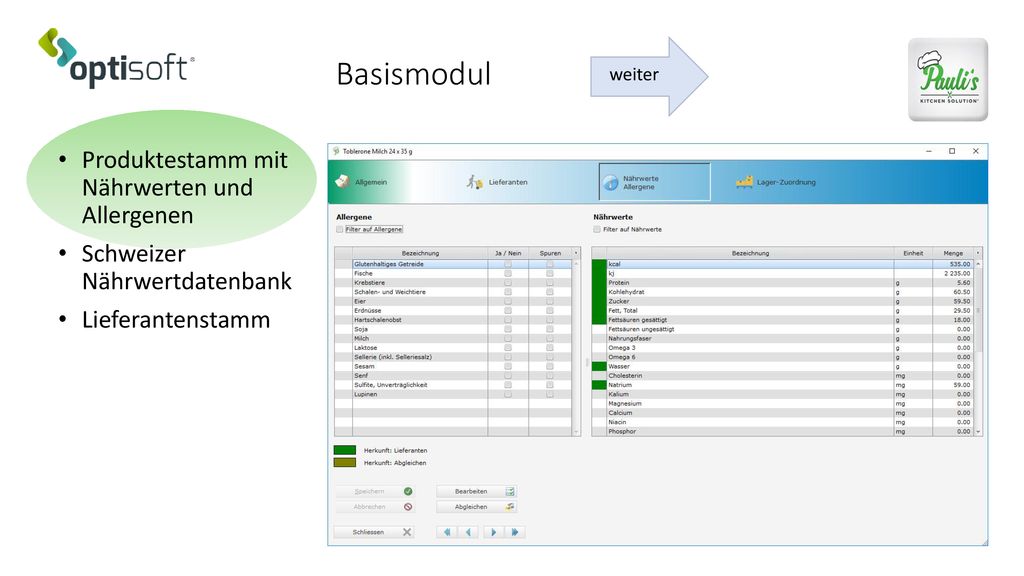 Basismodul Produktestamm mit Nährwerten und Allergenen