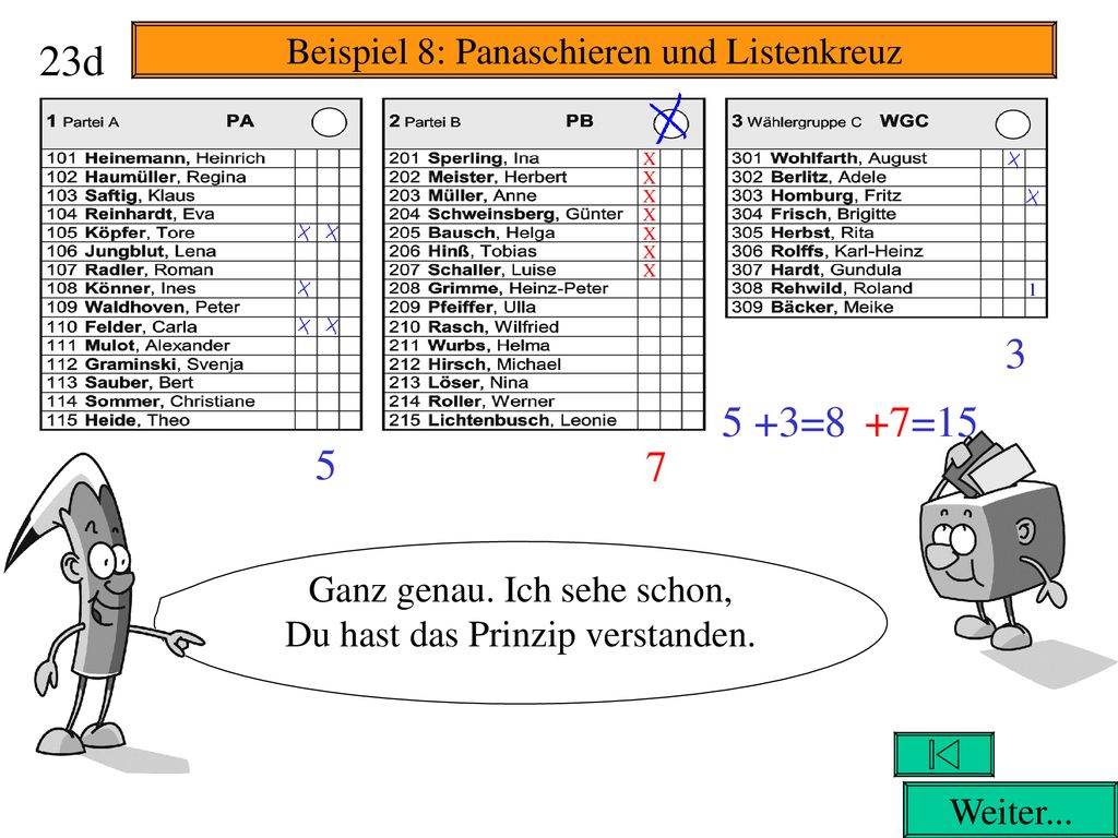 23d =8 +7= Beispiel 8: Panaschieren und Listenkreuz