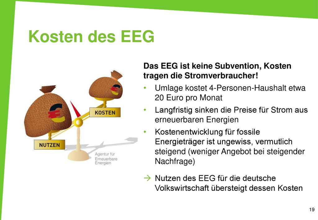 Kosten des EEG Das EEG ist keine Subvention, Kosten tragen die Stromverbraucher! Umlage kostet 4-Personen-Haushalt etwa 20 Euro pro Monat.
