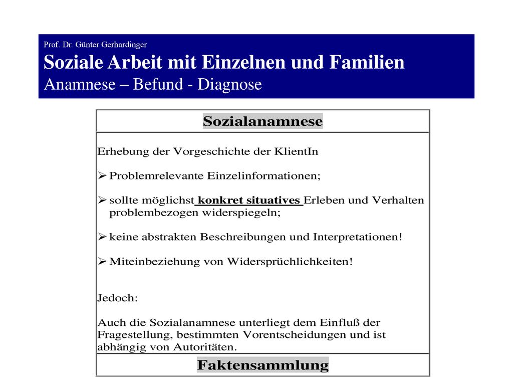 Prof. Dr. Günter Gerhardinger Soziale Arbeit mit Einzelnen und Familien Anamnese – Befund - Diagnose