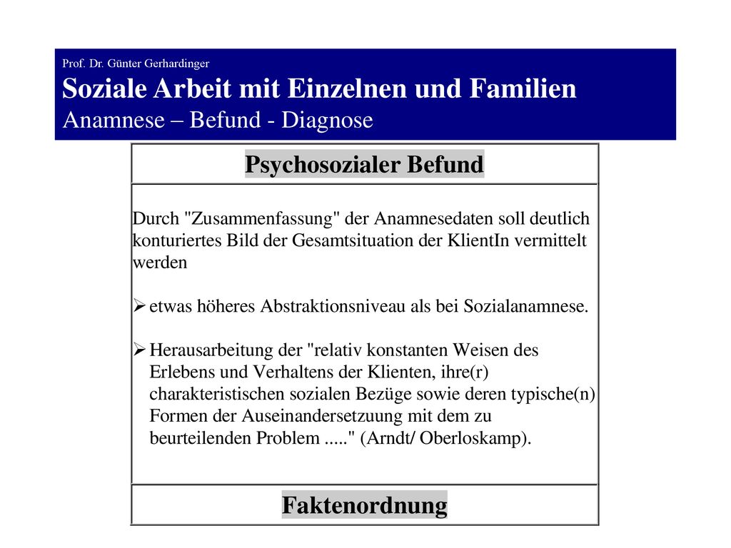 Prof. Dr. Günter Gerhardinger Soziale Arbeit mit Einzelnen und Familien Anamnese – Befund - Diagnose