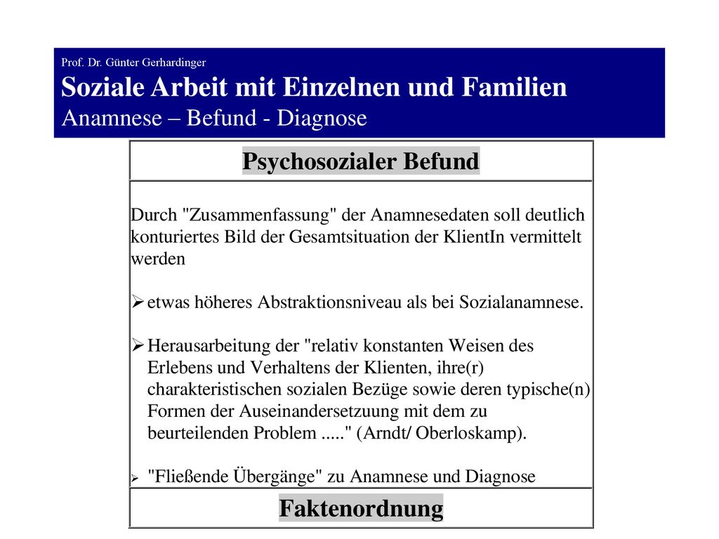 Prof. Dr. Günter Gerhardinger Soziale Arbeit mit Einzelnen und Familien Anamnese – Befund - Diagnose