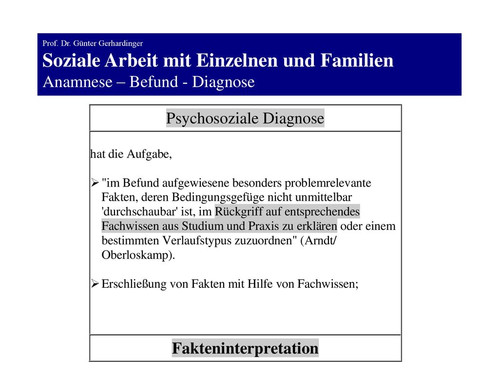 Prof. Dr. Günter Gerhardinger Soziale Arbeit mit Einzelnen und Familien Anamnese – Befund - Diagnose