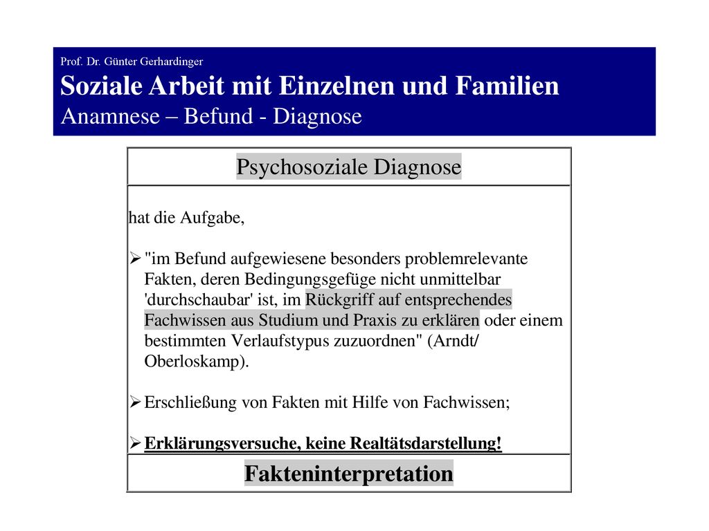 Prof. Dr. Günter Gerhardinger Soziale Arbeit mit Einzelnen und Familien Anamnese – Befund - Diagnose