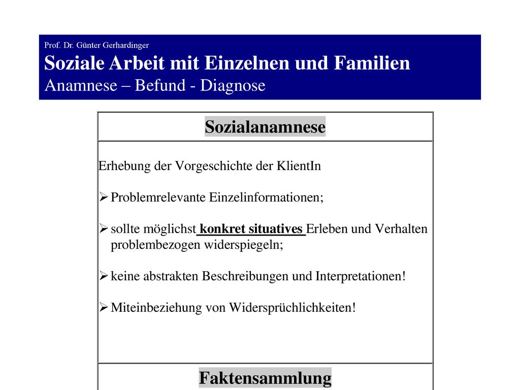 Prof. Dr. Günter Gerhardinger Soziale Arbeit mit Einzelnen und Familien Anamnese – Befund - Diagnose