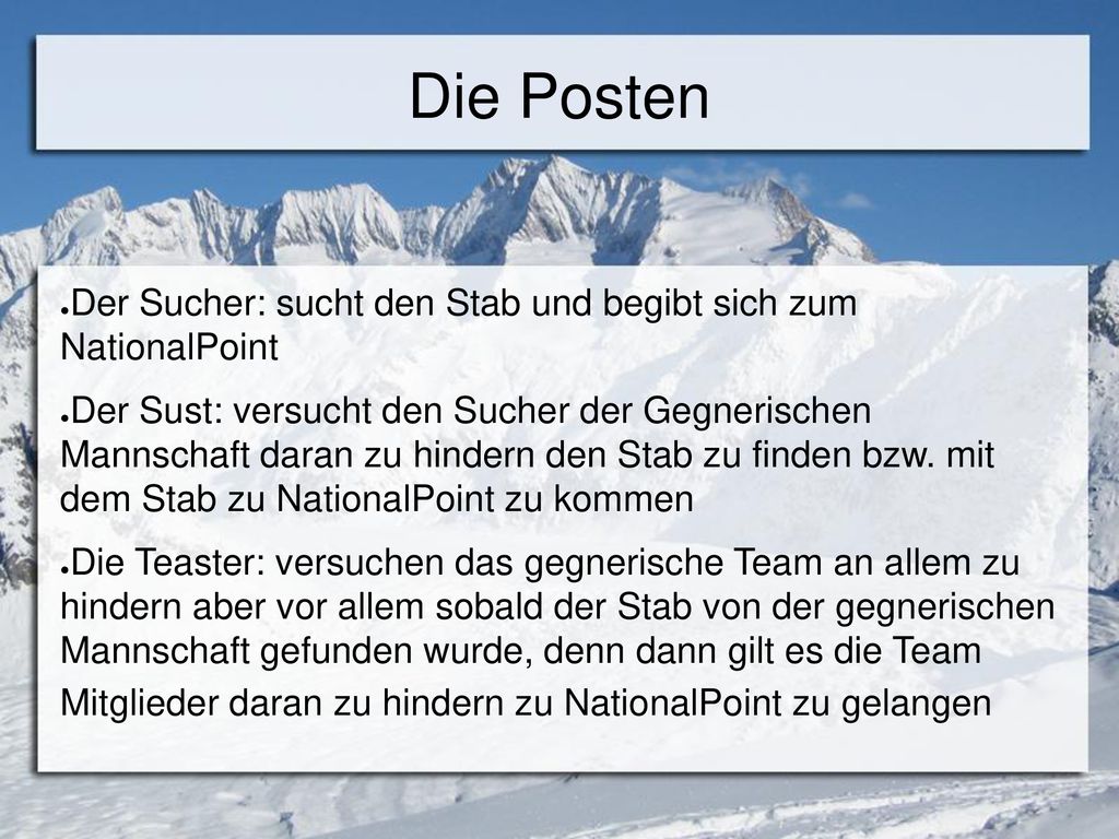 Die Posten Der Sucher: sucht den Stab und begibt sich zum NationalPoint.