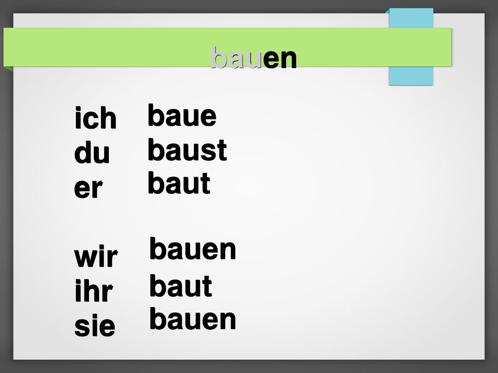 bauen ich. du. er. wir. ihr. sie. ich. du. er. wir. ihr. sie. ich. du. er. wir. ihr.