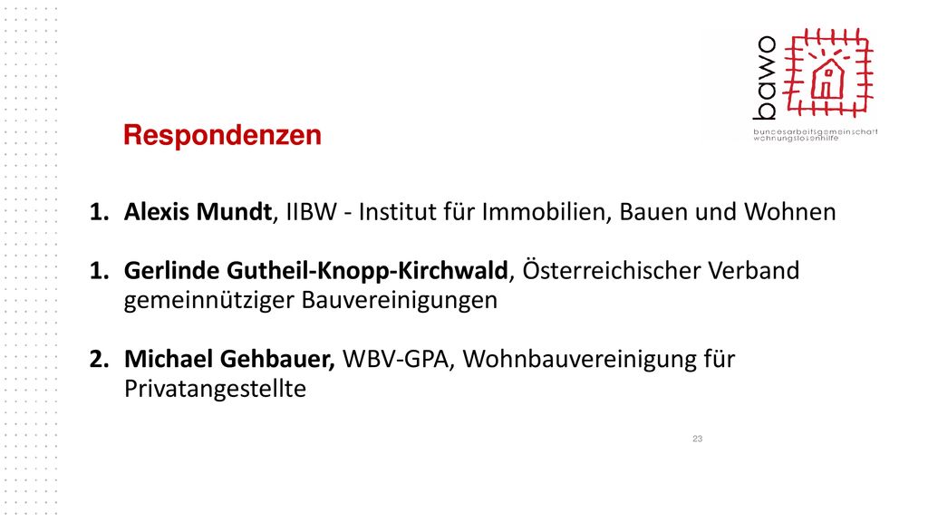 Respondenzen Alexis Mundt, IIBW - Institut für Immobilien, Bauen und Wohnen.