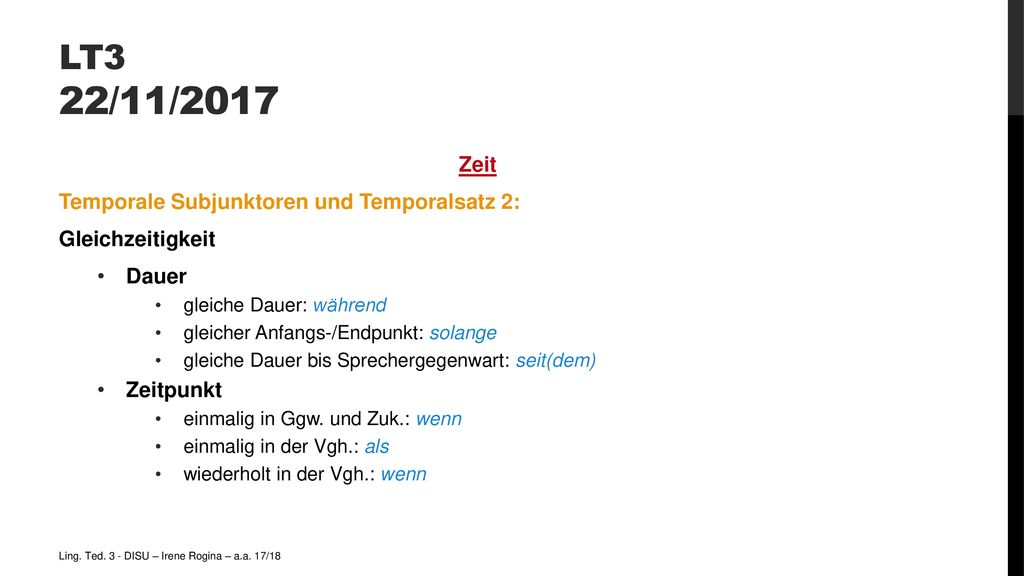 LT3 22/11/2017 Zeit Temporale Subjunktoren und Temporalsatz 2: