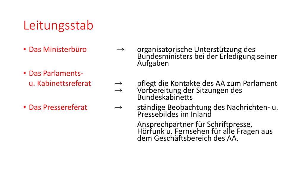 Leitungsstab Das Ministerbüro → organisatorische Unterstützung des Bundesministers bei der Erledigung seiner Aufgaben.
