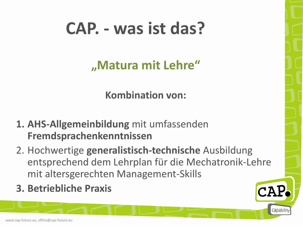 CAP. - was ist das „Matura mit Lehre Kombination von: