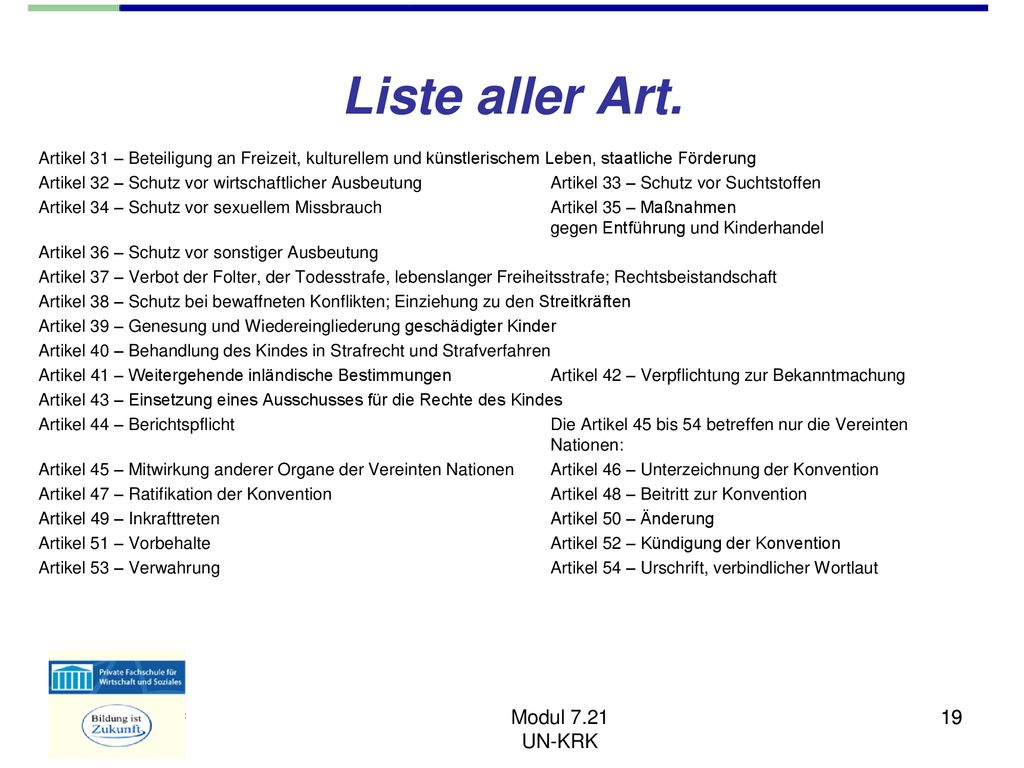 Liste aller Art. Modul 7.21 UN-KRK 19