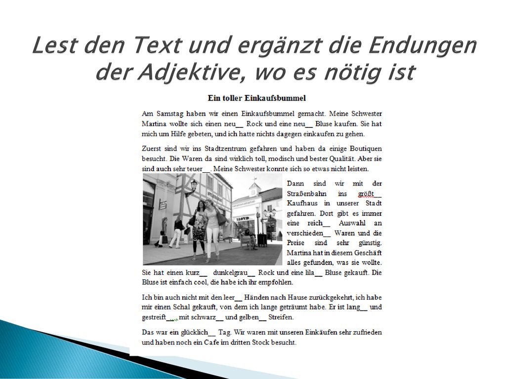 Lest den Text und ergänzt die Endungen der Adjektive, wo es nötig ist
