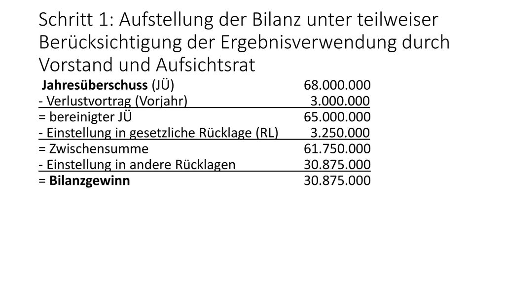 Schritt 1: Aufstellung der Bilanz unter teilweiser Berücksichtigung der Ergebnisverwendung durch Vorstand und Aufsichtsrat