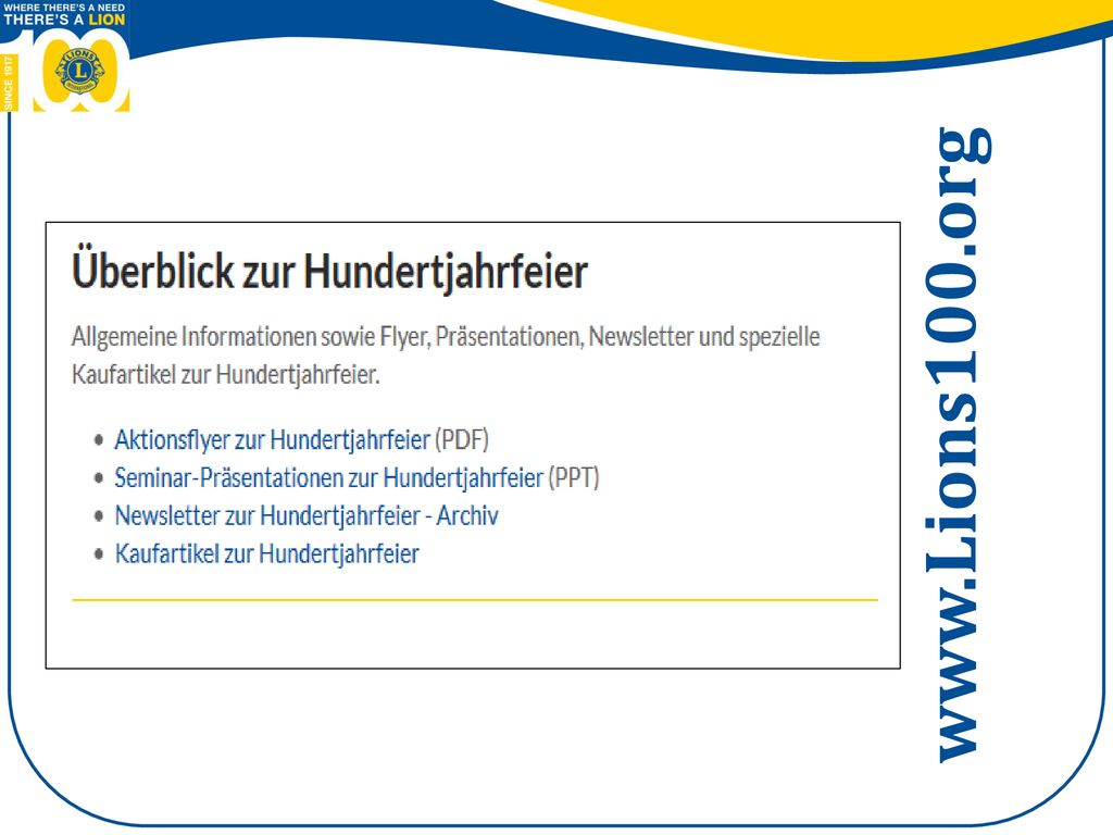 Sehen Sie sich die im Website-Bereich „Centennial Overview (Überblick über die Centennial-Feier) angebotenen Materialien an.