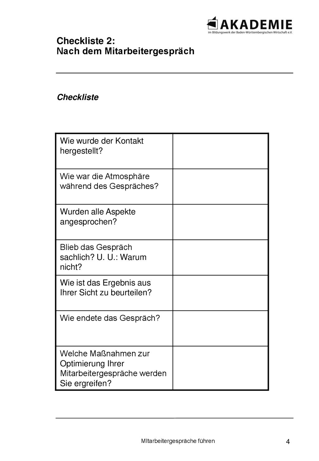 Checkliste 2: Nach dem Mitarbeitergespräch
