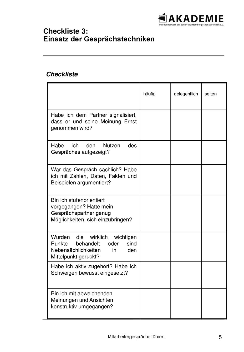 Checkliste 3: Einsatz der Gesprächstechniken