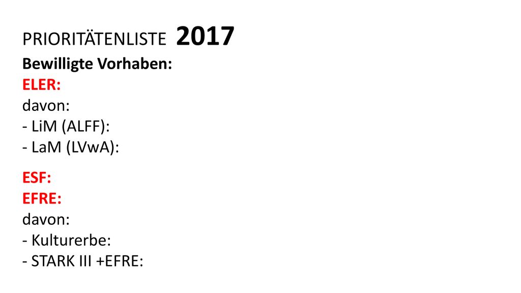 PRIORITÄTENLISTE 2017 Bewilligte Vorhaben: ELER: davon: - LiM (ALFF):