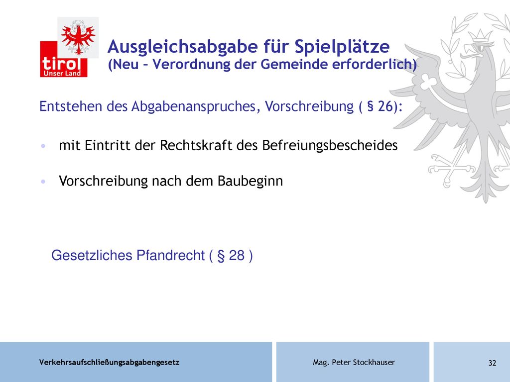 Ausgleichsabgabe für Spielplätze (Neu – Verordnung der Gemeinde erforderlich)