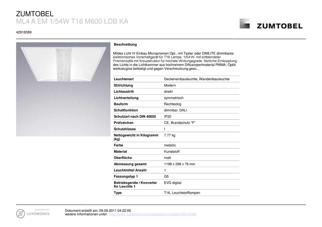 ZUMTOBEL ML4 A EM 1/54W T16 M600 LDB KA Beschreibung