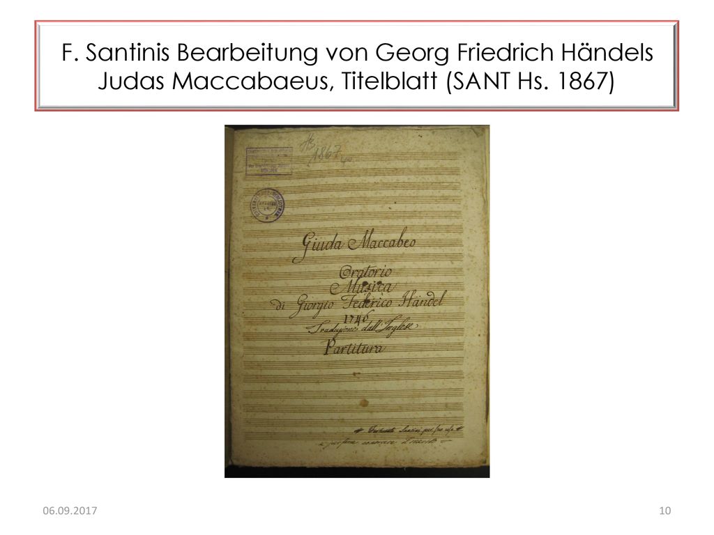 F. Santinis Bearbeitung von Georg Friedrich Händels Judas Maccabaeus, Titelblatt (SANT Hs. 1867)