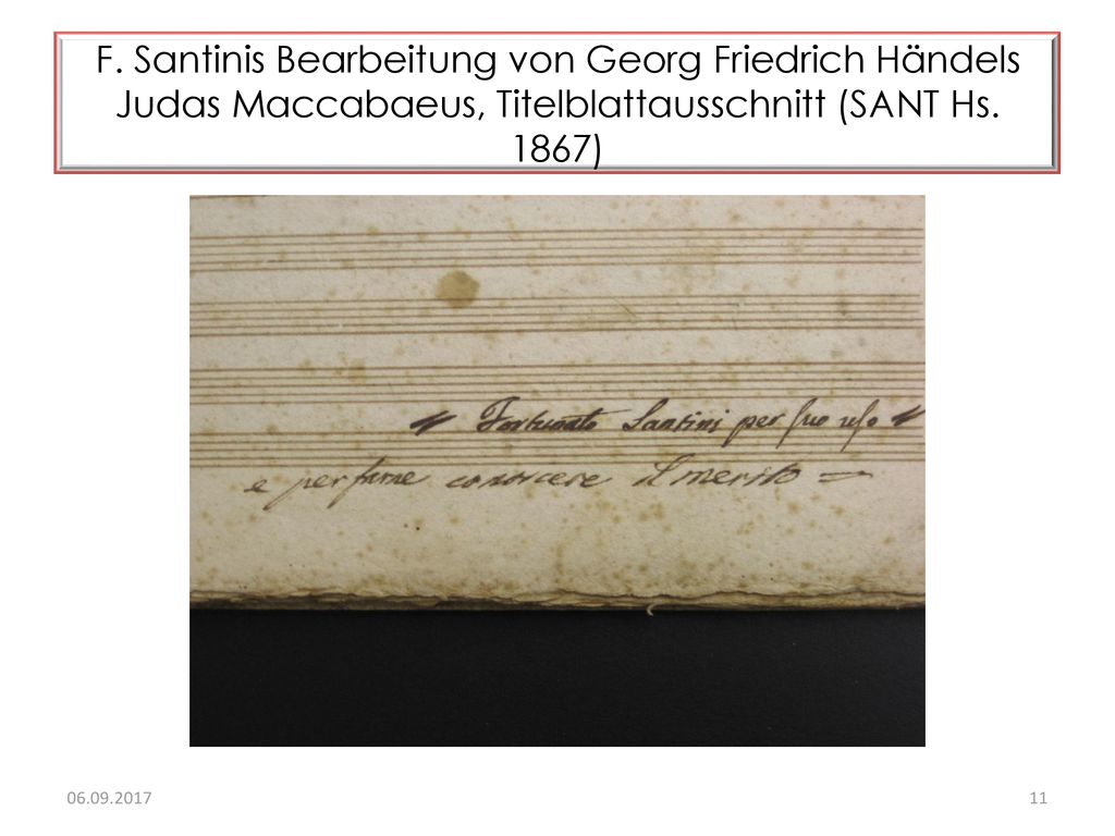 F. Santinis Bearbeitung von Georg Friedrich Händels Judas Maccabaeus, Titelblattausschnitt (SANT Hs. 1867)