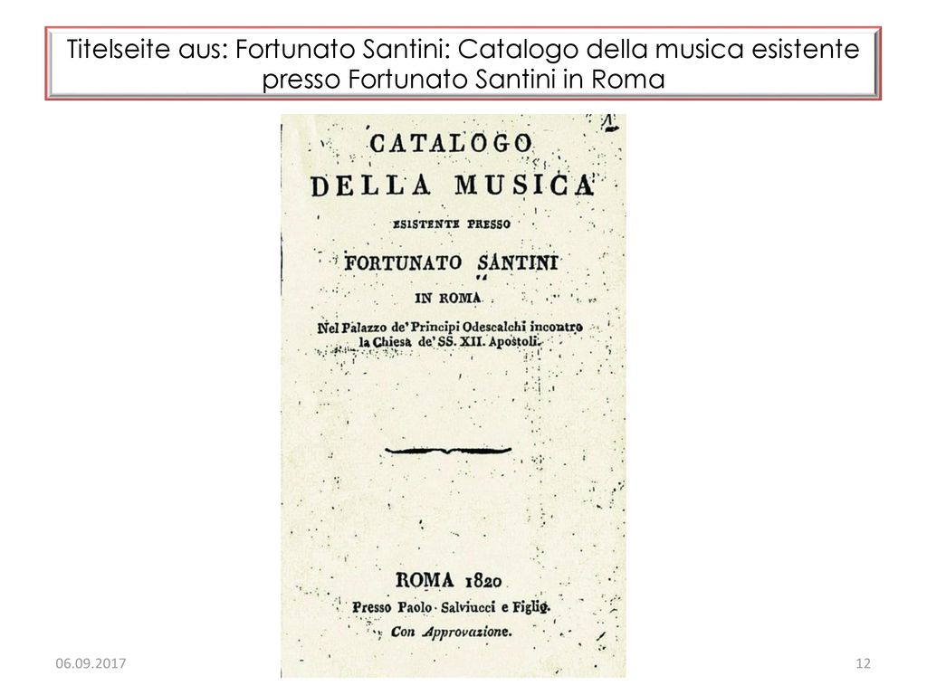 Titelseite aus: Fortunato Santini: Catalogo della musica esistente presso Fortunato Santini in Roma