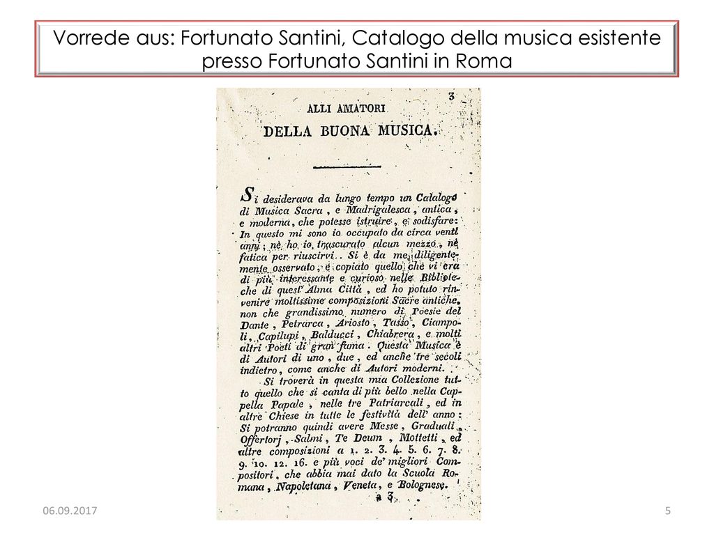 Vorrede aus: Fortunato Santini, Catalogo della musica esistente presso Fortunato Santini in Roma