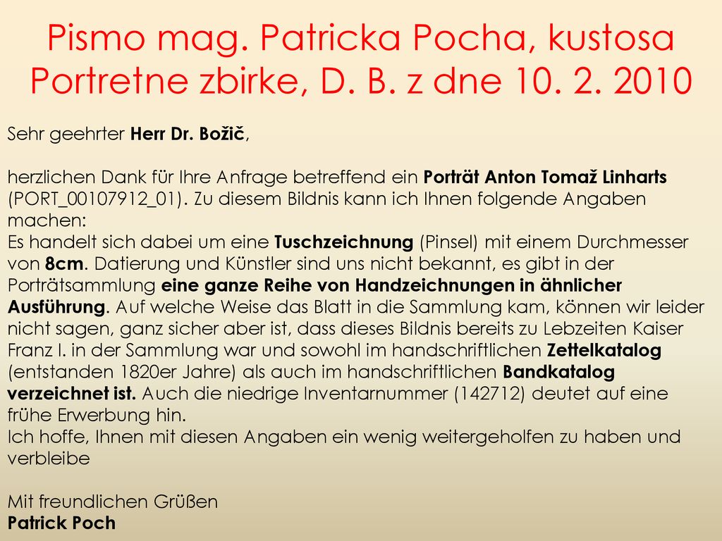 Pismo mag. Patricka Pocha, kustosa Portretne zbirke, D. B. z dne 10. 2