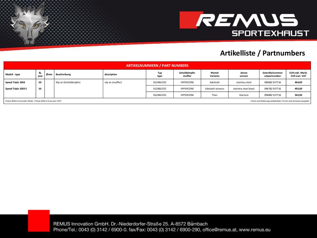 ARTIKELNUMMERN / PART NUMBERS EUR exkl. MwSt. EUR excl. VAT