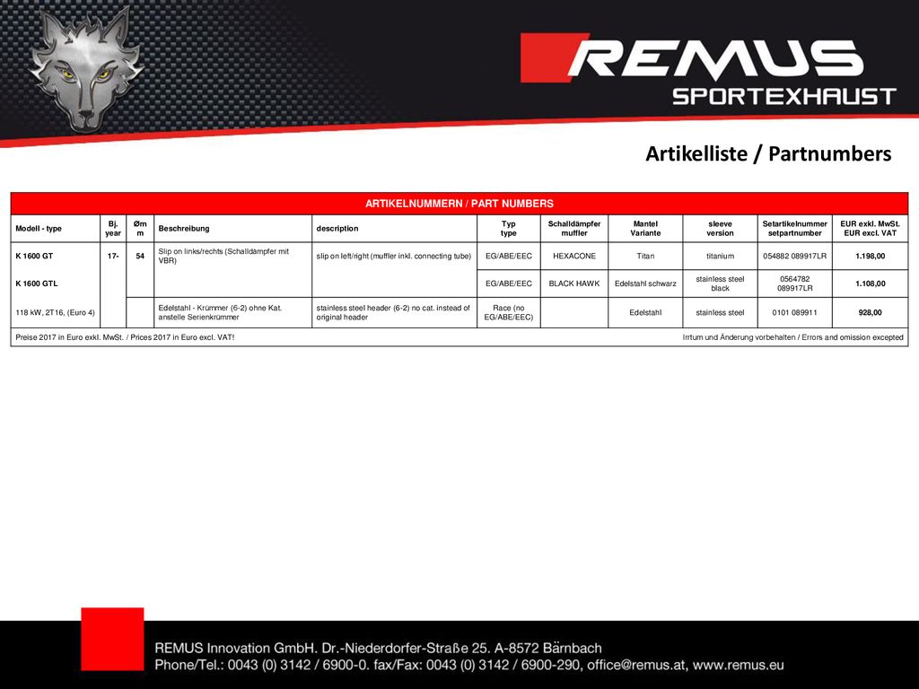 ARTIKELNUMMERN / PART NUMBERS EUR exkl. MwSt. EUR excl. VAT