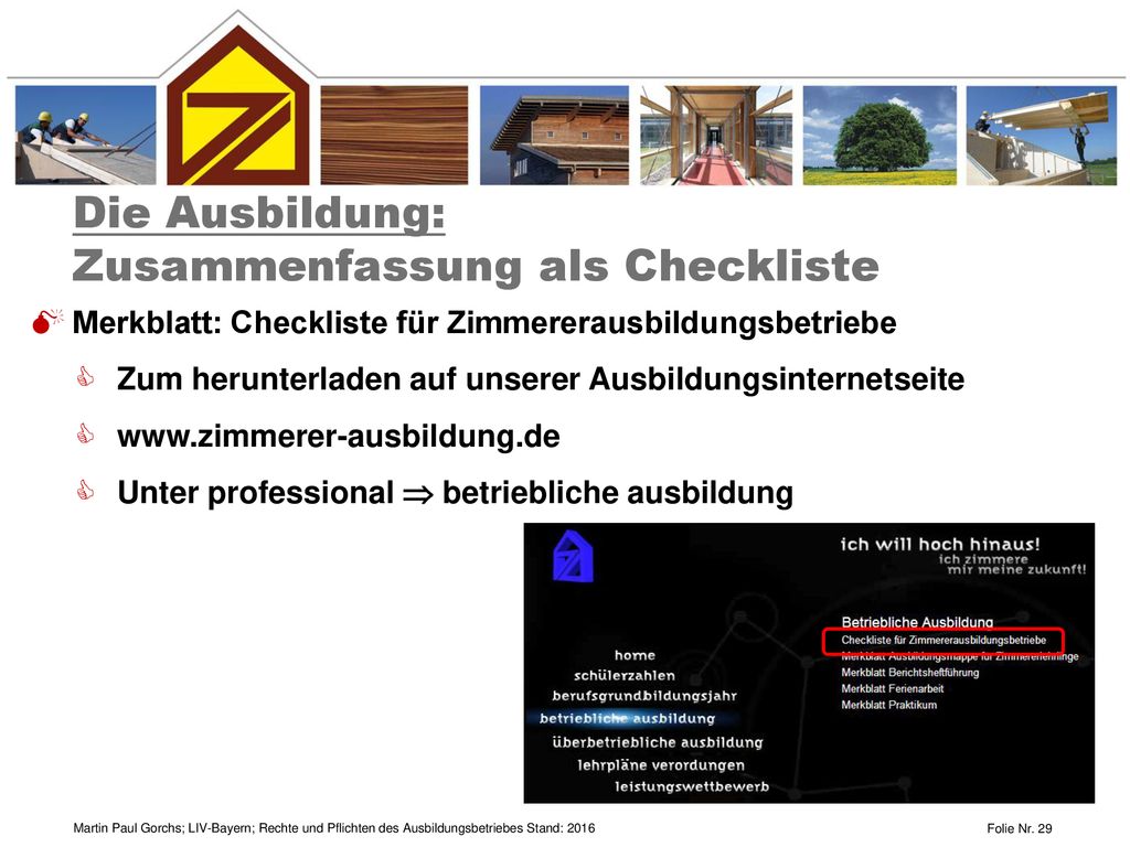 Die Ausbildung: Zusammenfassung als Checkliste