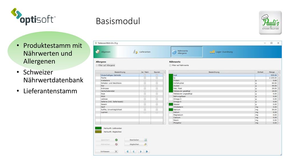 Basismodul Produktestamm mit Nährwerten und Allergenen