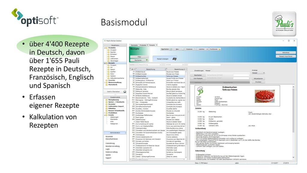 Basismodul über Rezepte in Deutsch, davon über Pauli Rezepte in Deutsch, Französisch, Englisch und Spanisch.