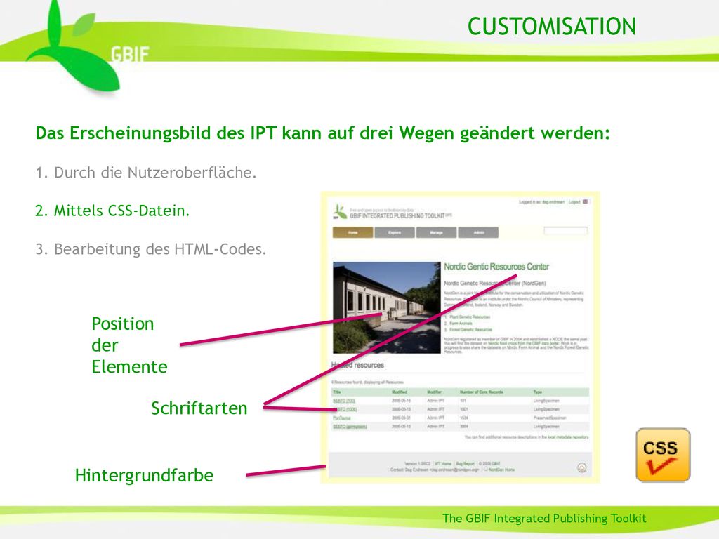 CUSTOMISATION Das Erscheinungsbild des IPT kann auf drei Wegen geändert werden: Durch die Nutzeroberfläche.
