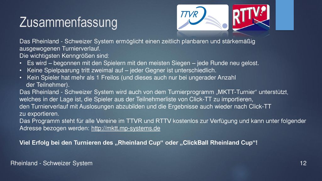 Zusammenfassung Das Rheinland - Schweizer System ermöglicht einen zeitlich planbaren und stärkemäßig ausgewogenen Turnierverlauf.