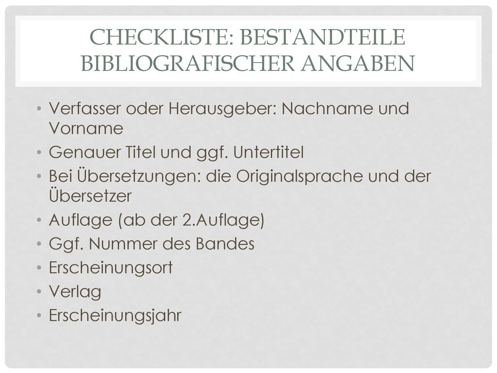 Checkliste: Bestandteile bibliografischer Angaben