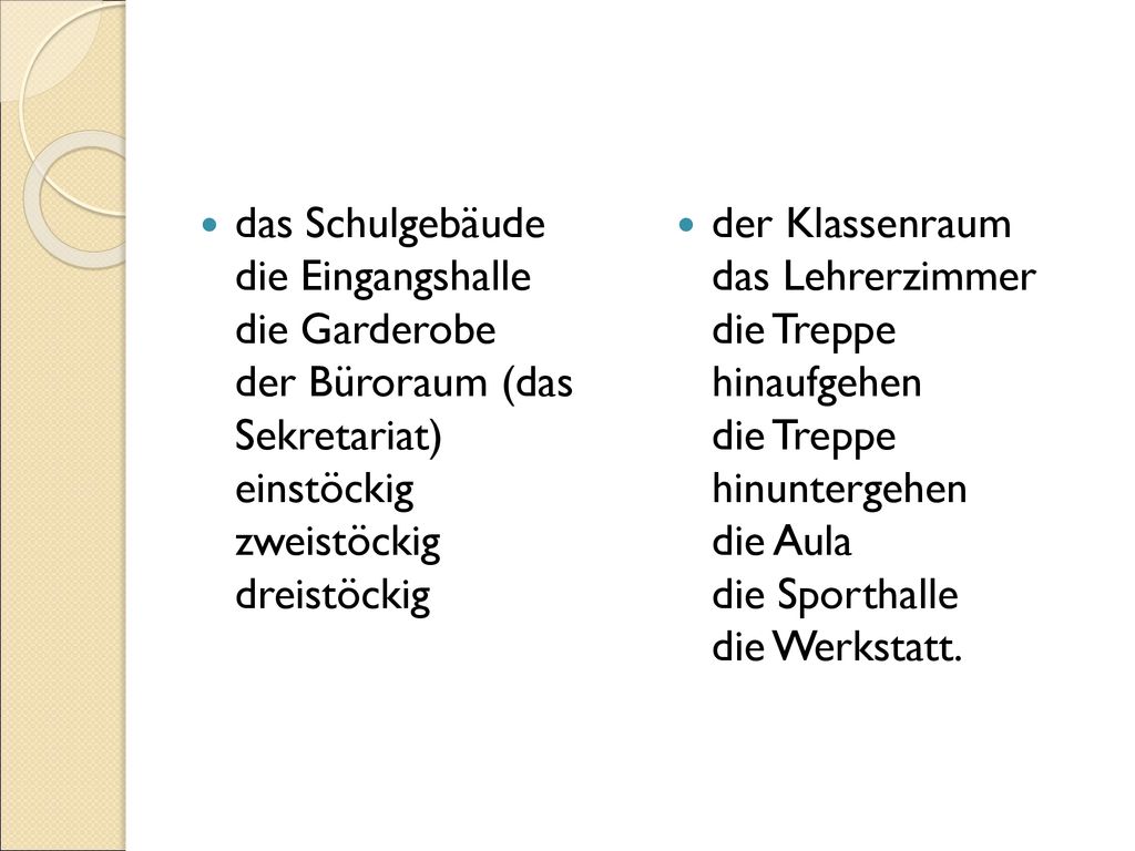 das Schulgebäude die Eingangshalle die Garderobe der Büroraum (das Sekretariat) einstöckig zweistöckig dreistöckig