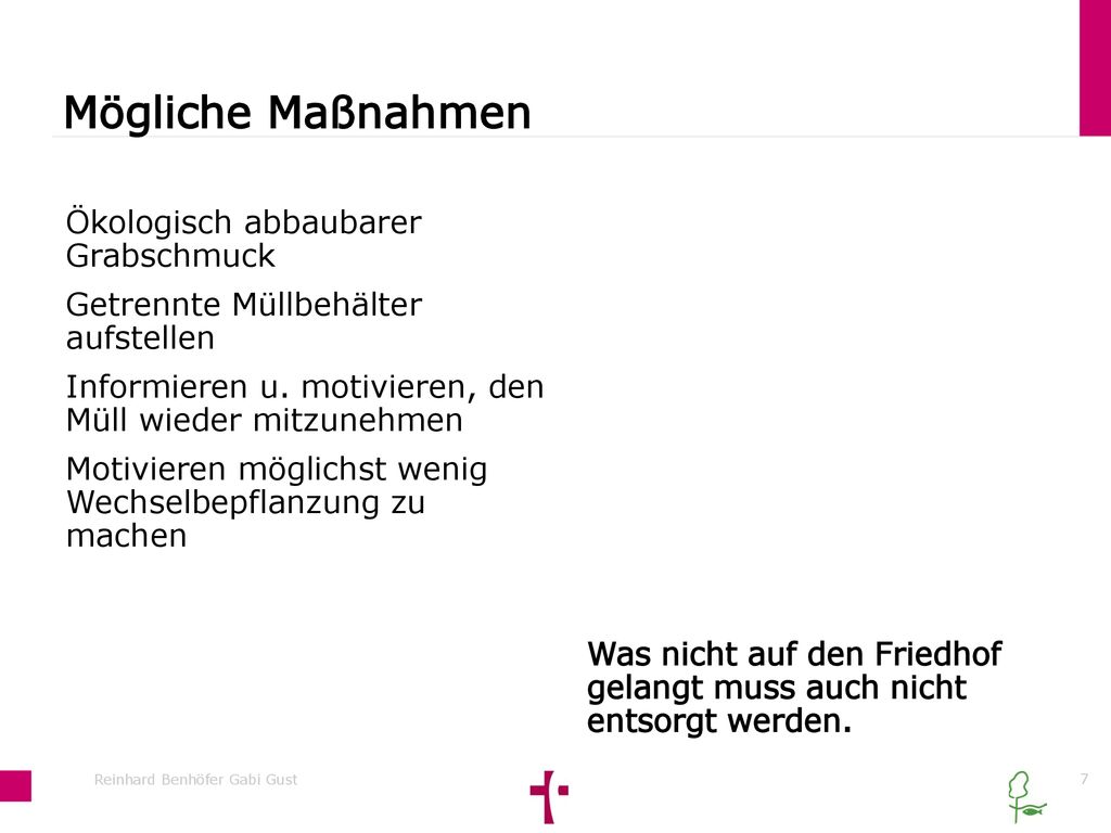Mögliche Maßnahmen Was nicht auf den Friedhof gelangt muss auch nicht entsorgt werden.
