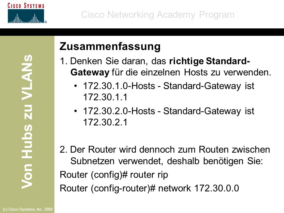 Zusammenfassung 1. Denken Sie daran, das richtige Standard-Gateway für die einzelnen Hosts zu verwenden.