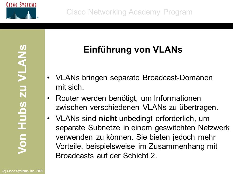 Einführung von VLANs VLANs bringen separate Broadcast-Domänen mit sich.