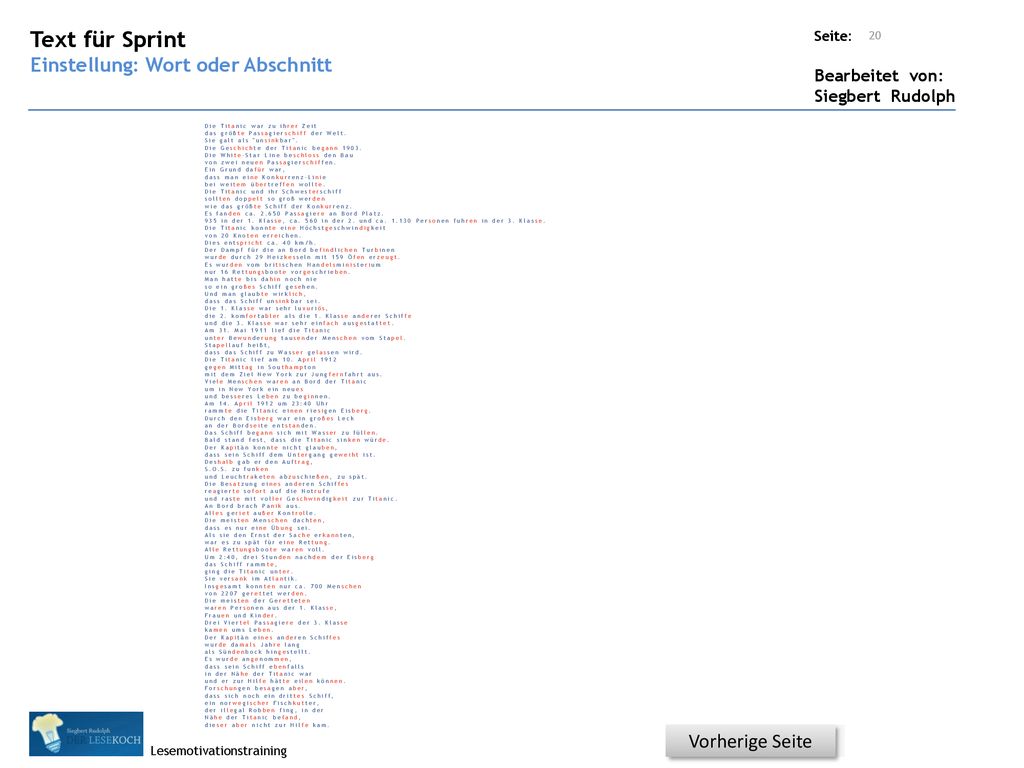 Text für Sprint Einstellung: Wort oder Abschnitt Vorherige Seite