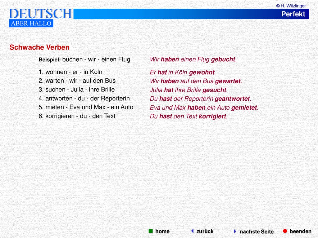 Perfekt Schwache Verben  beenden  nächste Seite  home zurück