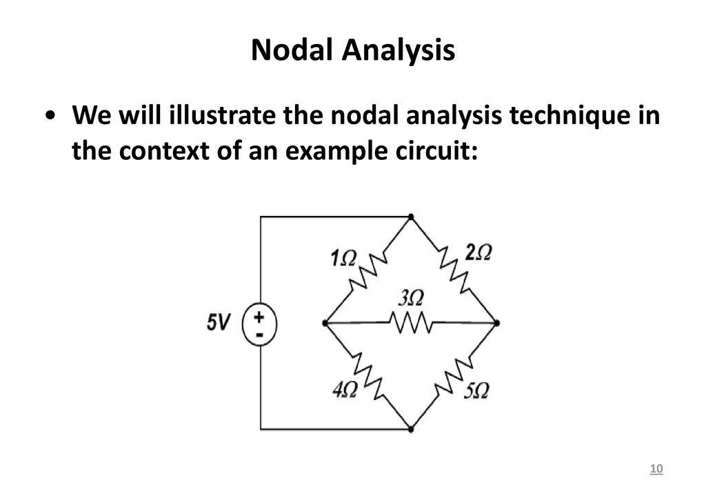 Nodal Analysis We will illustrate the nodal analysis technique in the context of an example circuit: