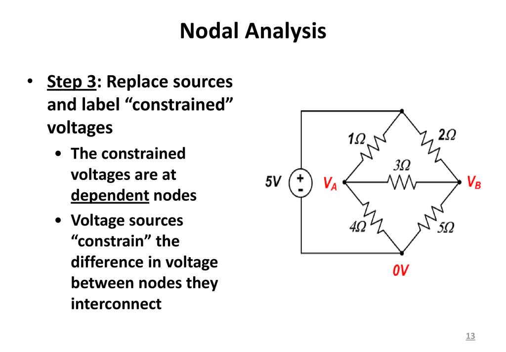 Nodal Analysis Step 3: Replace sources and label constrained voltages. The constrained voltages are at dependent nodes.