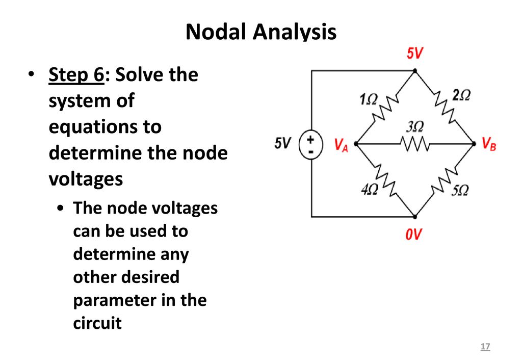 Nodal Analysis Step 6: Solve the system of equations to determine the node voltages.