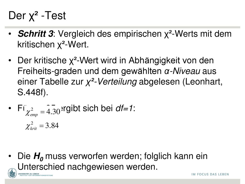 Der χ² -Test Schritt 3: Vergleich des empirischen χ²-Werts mit dem kritischen χ²-Wert.
